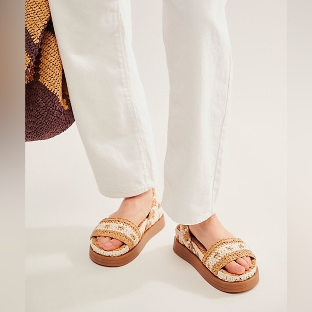 Free People Roma Raffia Platform Blue and Cream Sandals - Picture 5 of 10